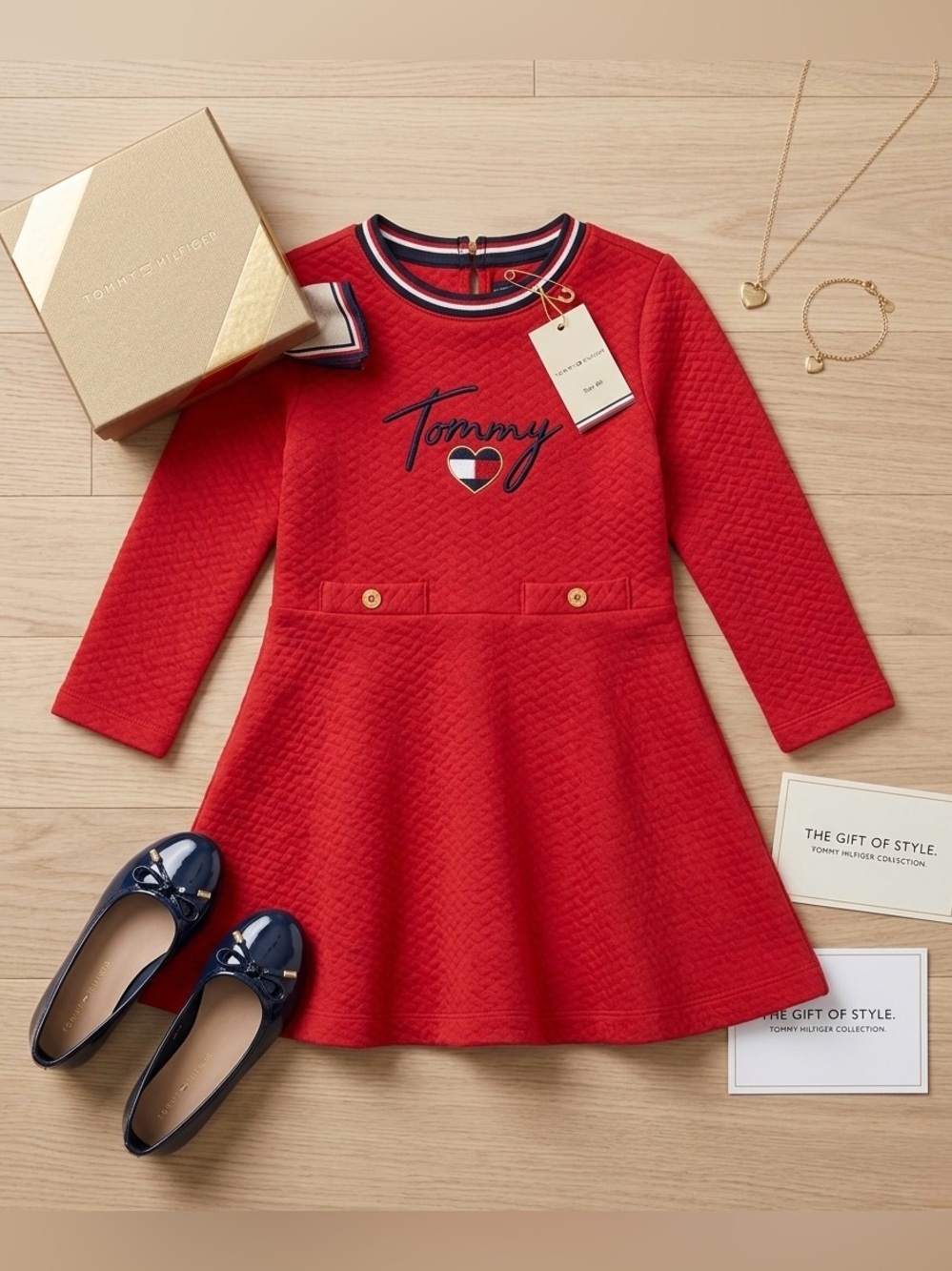Tommy Hilfiger Red Quilted Long-Sleeve Fit-and-Flare Dress